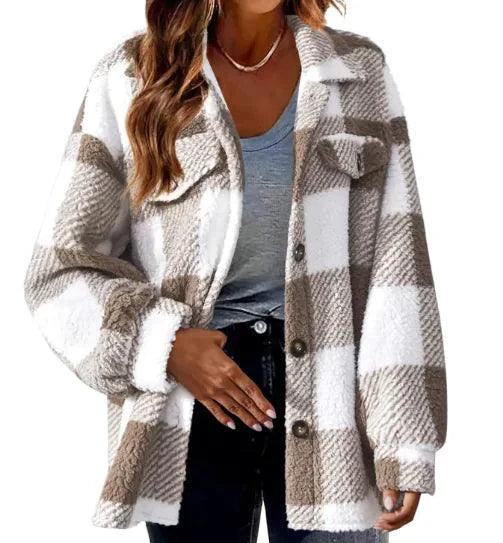 Mandotos plaid wool jacket with turndown collar, featuring a classic checkered pattern and tailored fit for stylish warmth.
