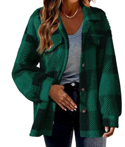Mandotos plaid wool jacket with turndown collar, featuring a classic checkered pattern and cozy design for stylish warmth.