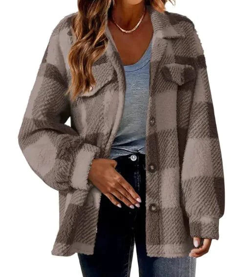 Mandotos plaid wool jacket with turndown collar, featuring a stylish checkered pattern and cozy, warm fabric.