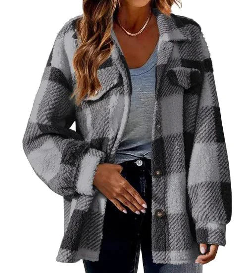 Mandotos plaid wool jacket with turndown collar, featuring a stylish checkered pattern and cozy fabric for cold weather.
