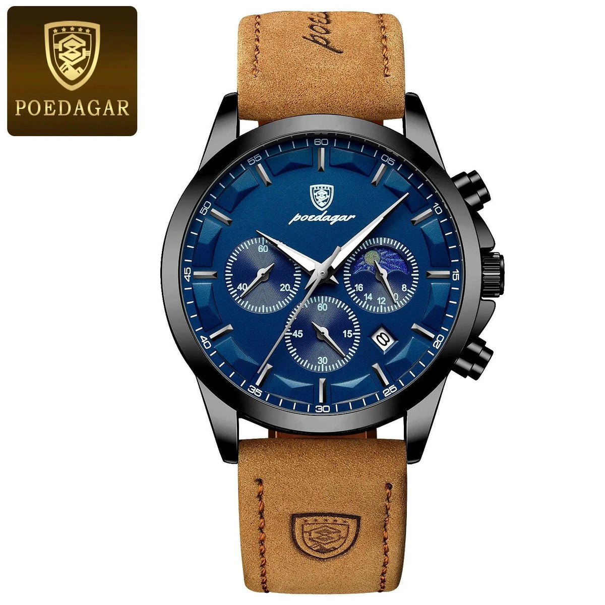 Mandotos POEDAGAR men's luxury chronograph watch with waterproof design, luminous dial, and leather strap.