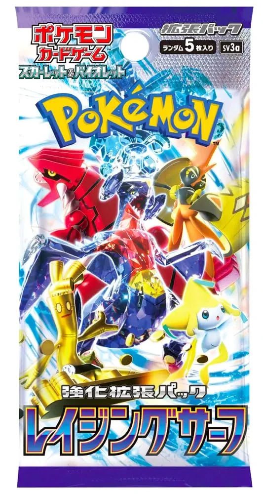 Mandotos Pokémon Raging Waves SV3a booster pack with colorful Pokémon trading cards inside.