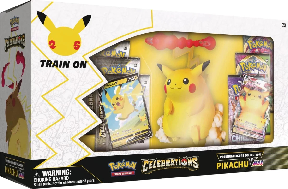 Mandotos Pikachu VMAX Celebration Premium Figure Set from Pokémon TCG featuring detailed Pikachu VMAX figure and collectible cards.