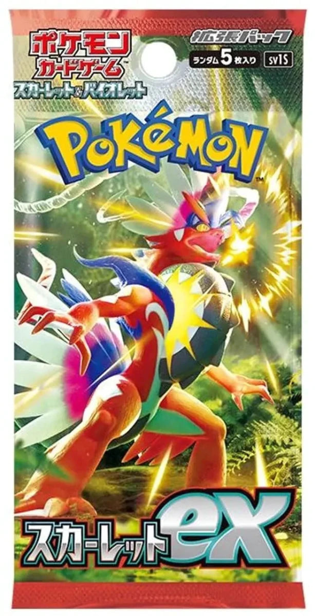 Mandotos Pokémon TCG SV1S Scarlet ex Booster pack with 5 cards, featuring vibrant Pokémon illustrations and collectible game cards.