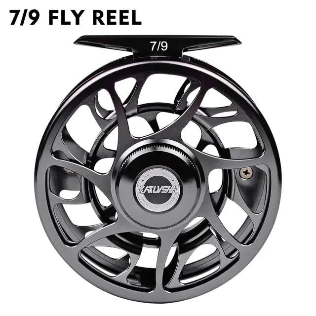 Mandotos Precision Fly Caster Reel with black handle and metal spool, designed for smooth fishing performance.