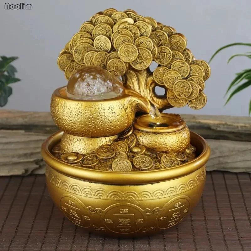 Mandotos Prosperity Gold Water Feature with cascading water and decorative gold accents for outdoor garden decor
