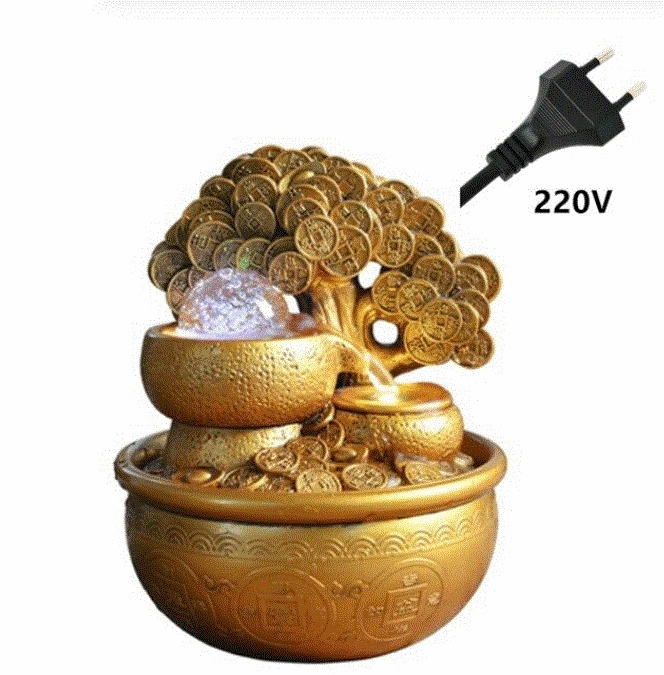 Mandotos Prosperity Gold water feature with flowing water and decorative gold accents for outdoor garden decor.