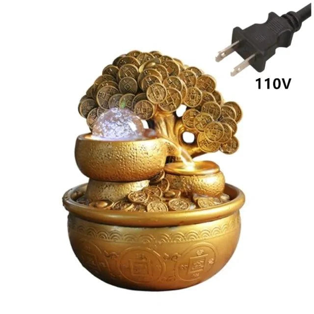 Mandotos Prosperity Gold Water Feature with flowing water and decorative gold accents for garden or indoor decor.