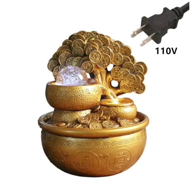 Mandotos Prosperity Gold Water Feature with flowing water and decorative gold accents, outdoor garden fountain display