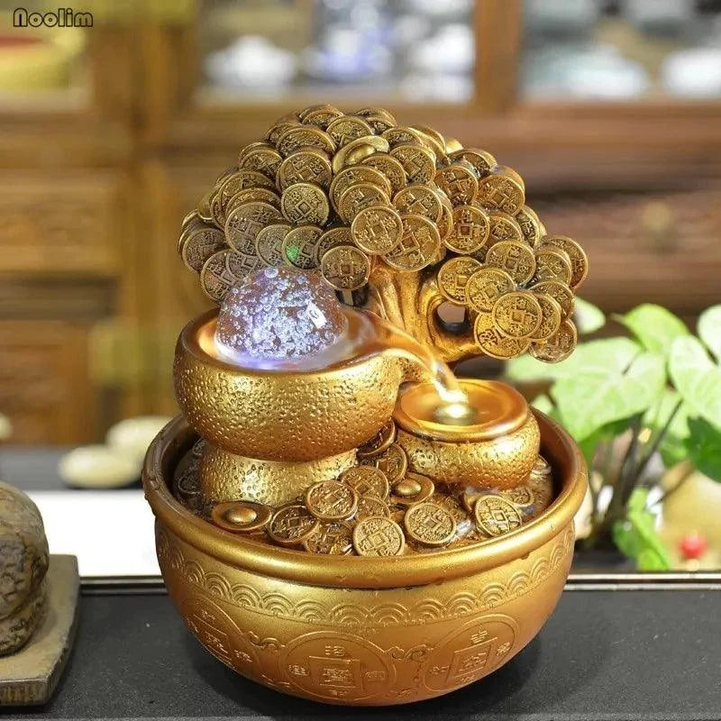 Mandotos Prosperity Gold water feature with a sleek, modern design and golden finish, ideal for enhancing garden or patio decor.