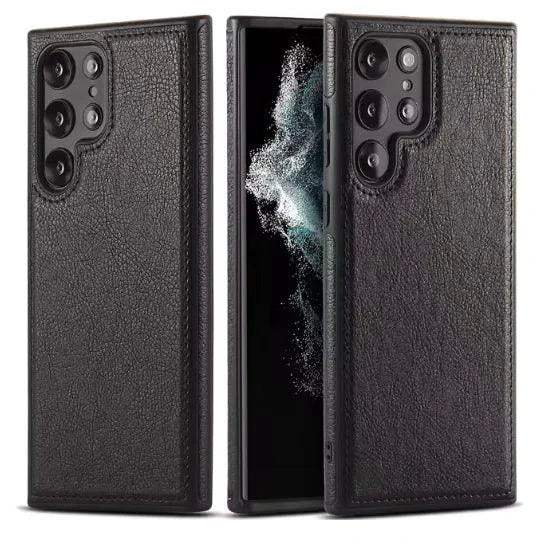 Mandotos PU leather phone case in black, featuring slim design and precise cutouts for easy access to buttons and ports.