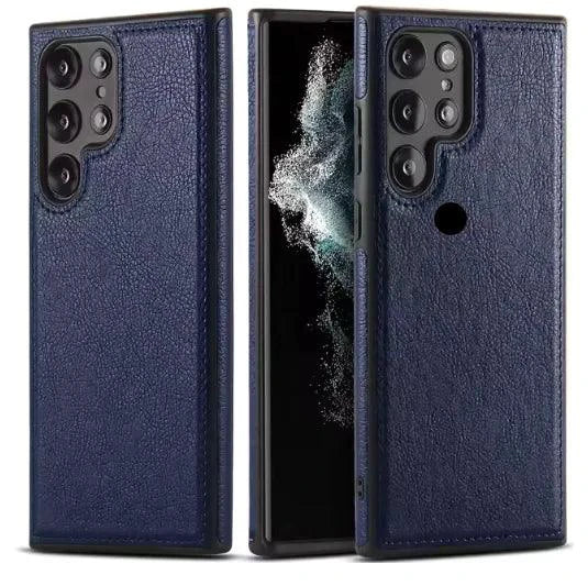 Mandotos PU leather phone case in black, featuring a sleek design and precise cutouts for easy access to buttons and ports.