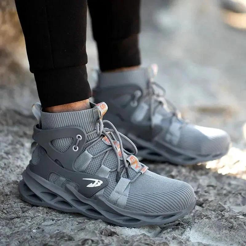 Mandotos puncture-proof work shoes with steel toe protection and slip-resistant sole, designed for safety and durability.