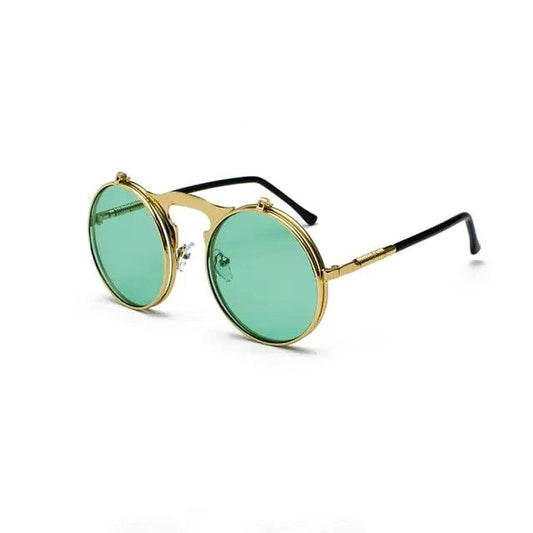 Mandotos Retro Flip Steampunk Shades with tinted lenses and vintage bronze frame, stylish eyewear for a unique steampunk look.
