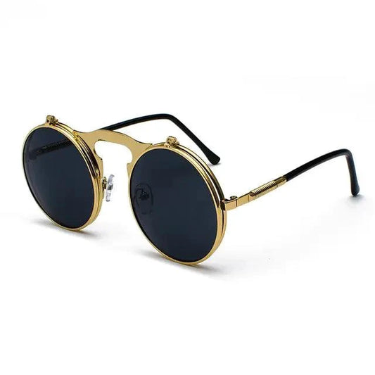 Mandotos Retro Flip Steampunk Shades with metallic frame and tinted lenses, vintage-inspired eyewear for a unique style.