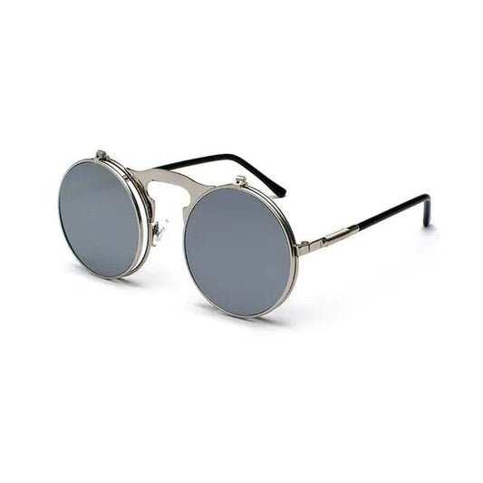 Mandotos retro flip steampunk sunglasses with metallic frames and tinted lenses, featuring a vintage steampunk design.