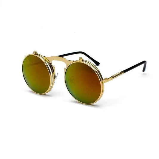 Mandotos Retro Flip Steampunk Shades with round tinted lenses and vintage metal frames, stylish eyewear for a unique look.