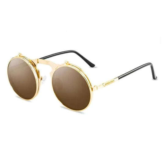 Mandotos Retro Flip Steampunk Shades with round tinted lenses and vintage metal frame, classic steampunk style sunglasses.
