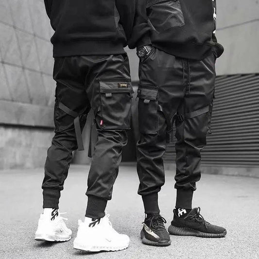 Mandotos Ribbons Harem Joggers for men, cotton cargo pants with pockets, streetwear hip hop casual track pants style.