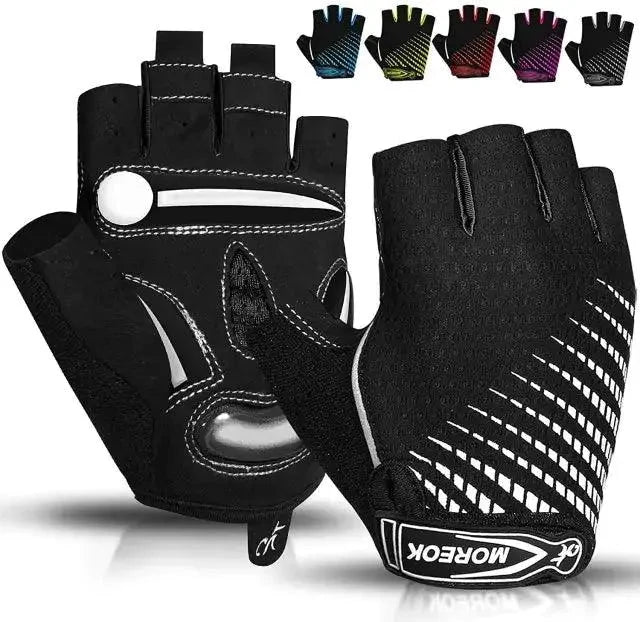 Mandotos RideGuard half finger cycling gloves with padded palms and breathable fabric for comfort during bike rides.
