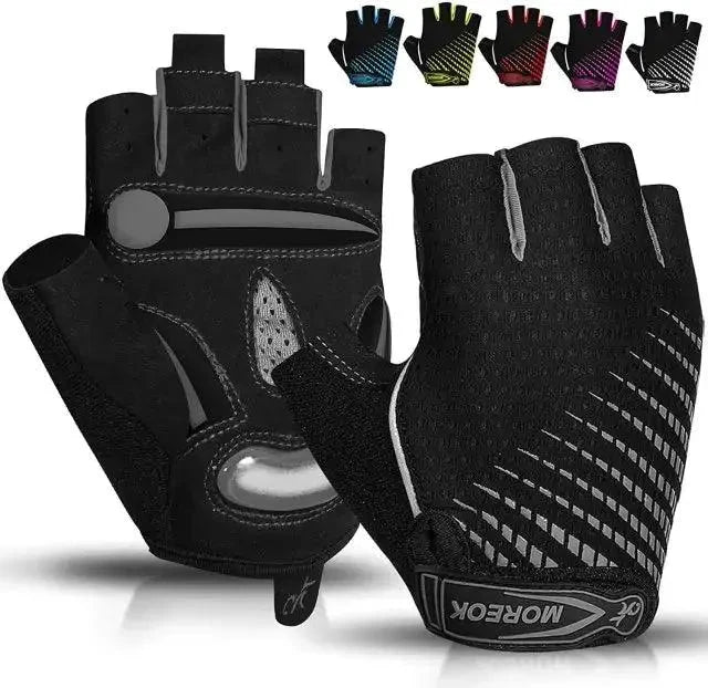 Mandotos RideGuard half finger cycling gloves with padded palms and breathable fabric for comfortable biking.