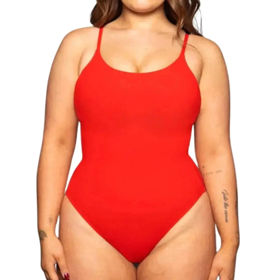 Mandotos sculpting beachwear bodysuit on a model, featuring a fitted design with supportive straps and a sleek, stylish look.