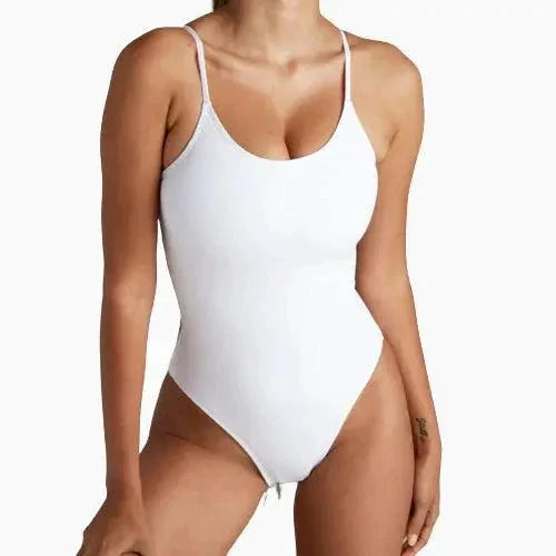 Mandotos Sculpting Beachwear Bodysuit in black, featuring a fitted design with adjustable straps and seamless construction.
