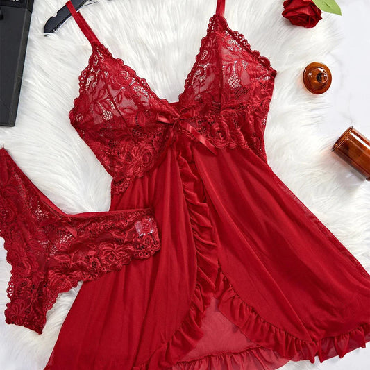 Red lace nightdress and panty set by MANDOTOS, transparent sleepwear for confident women, featuring delicate lace details.