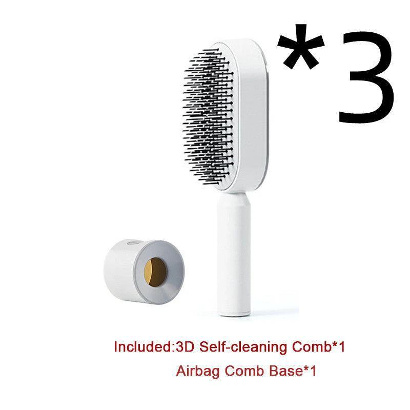 Mandotos self-cleaning hair brush with scalp massage features, shown with ergonomic handle and cleaning mechanism.