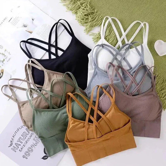 Mandotos women's back cross strap tank top and sports bra, breathable soft fabric, solid color, ideal for yoga and fitness activities.