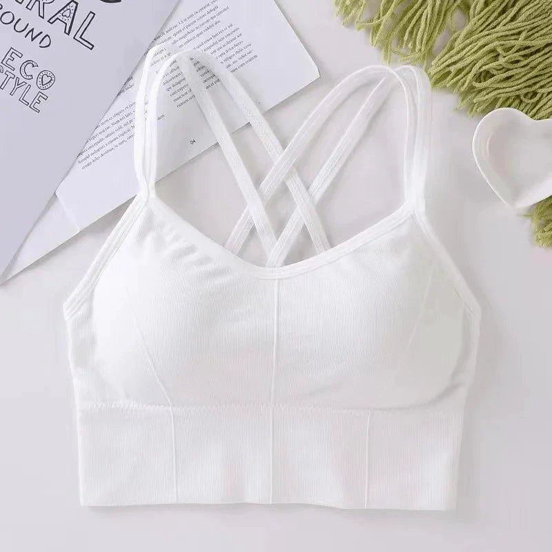 Mandotos women's back cross strap tank top and sports bra, breathable soft fabric, solid color, ideal for running and yoga workouts.