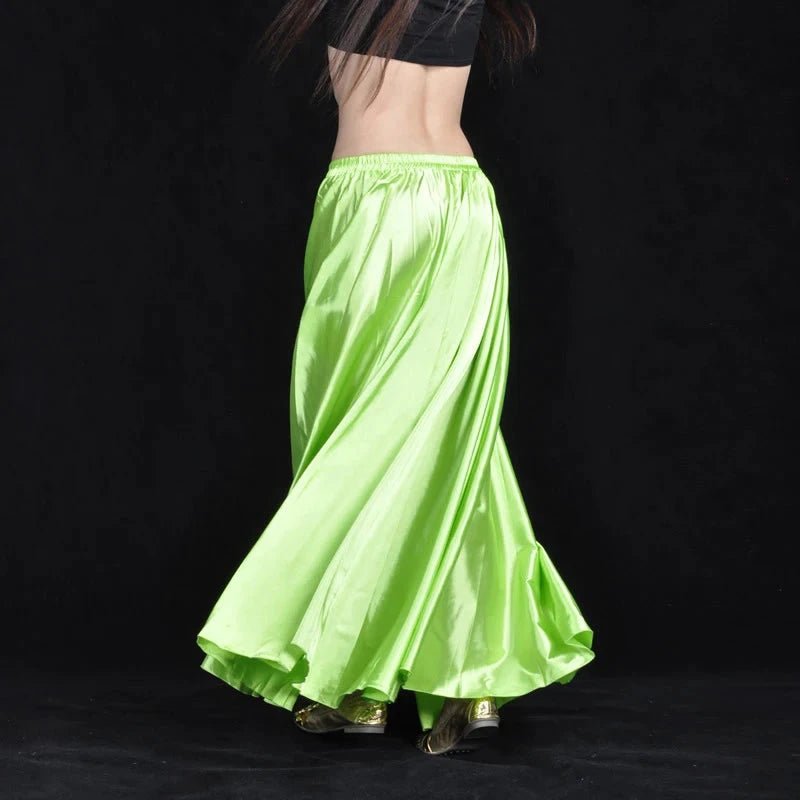 Mandotos shining satin long Spanish skirt for swing and belly dance, available in 14 vibrant sun skirt colors, stylish and flowing.