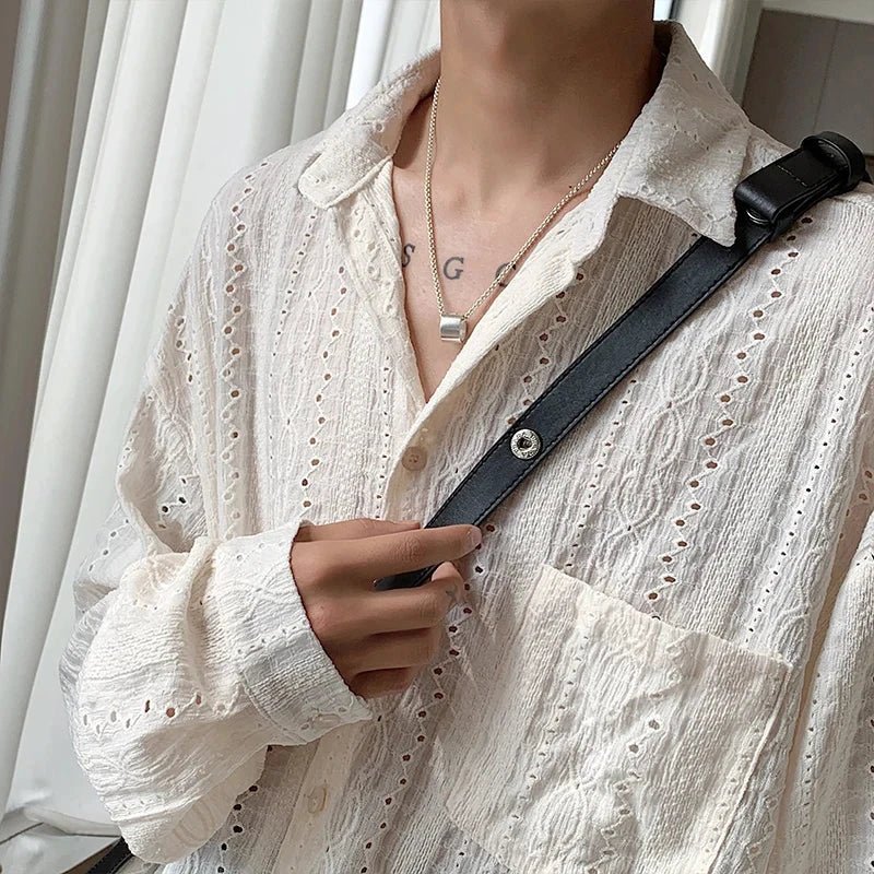 Mandotos men's apricot long-sleeved mesh shirt with lapel, hollow-out design, stylish vacation men's blouse for fashion-forward looks