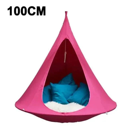 Mandotos SkyNest hanging hammock chair with soft fabric and sturdy wooden support, ideal for relaxing indoors or outdoors.
