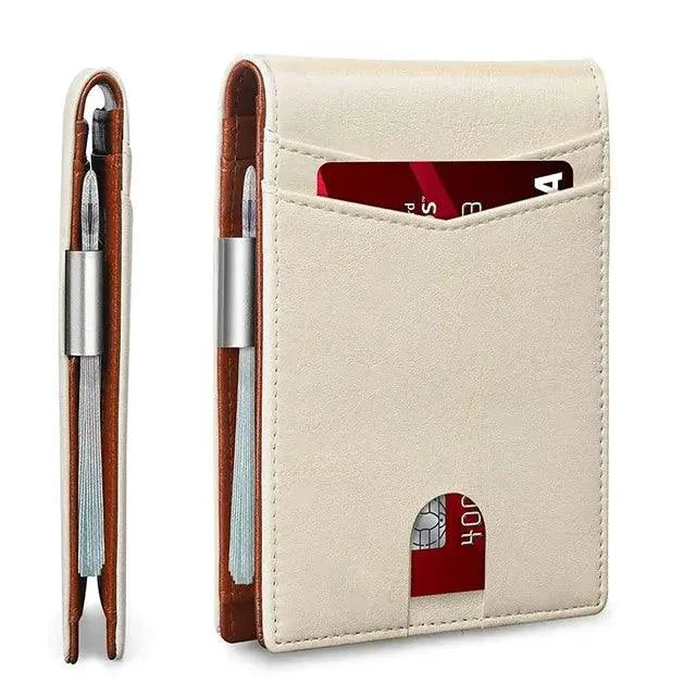 Mandotos slim RFID leather wallet showing multiple card slots and sleek design for secure card storage.
