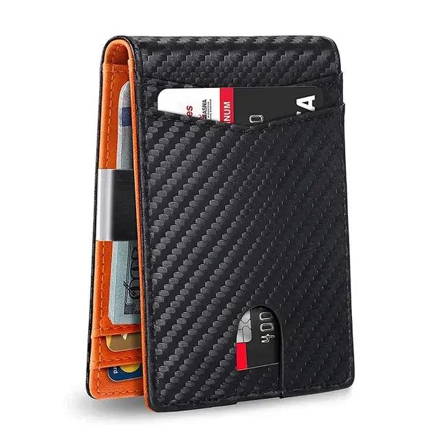 Mandotos slim RFID leather wallet with multiple card slots and sleek design, shown in black on a white background.