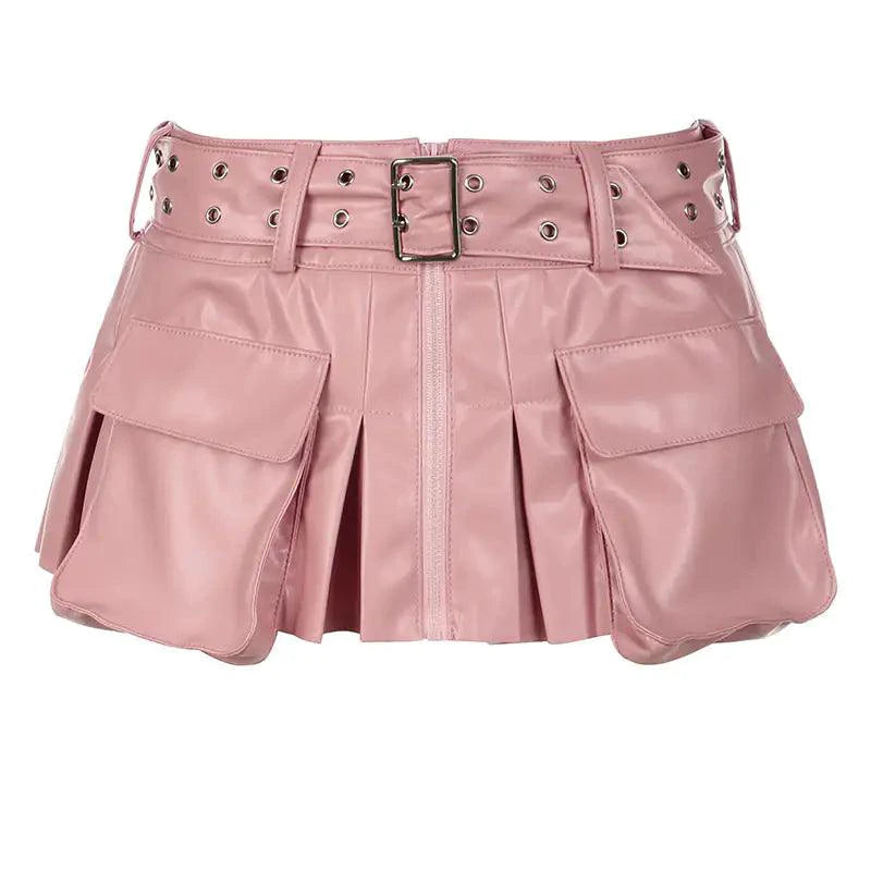 Mandotos Spice faux leather pleated mini skirt with front pleats and sleek design, stylish and trendy for casual wear.