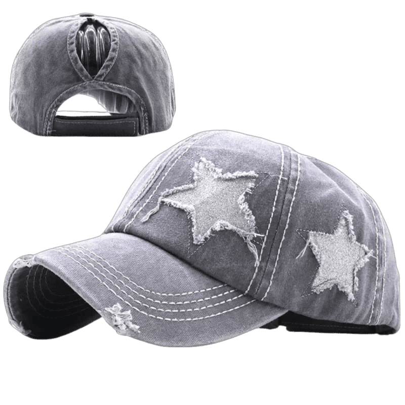 Mandotos star denim baseball cap with adjustable strap, featuring a blue denim fabric and embroidered star design.