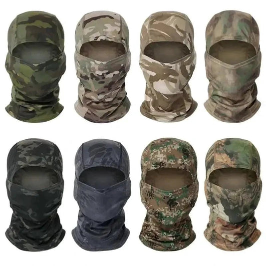 Mandotos Stealth Ops Camo Face Mask with black and green camouflage pattern, designed for outdoor and tactical use.
