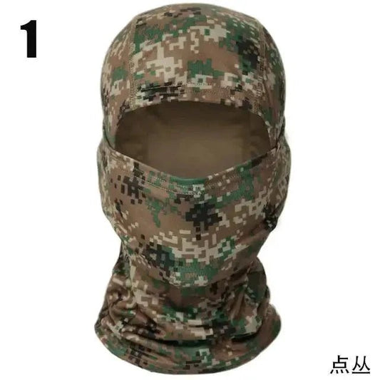 Mandotos Stealth Ops Camo Face Mask with black and gray camouflage pattern, breathable fabric, and adjustable ear straps.