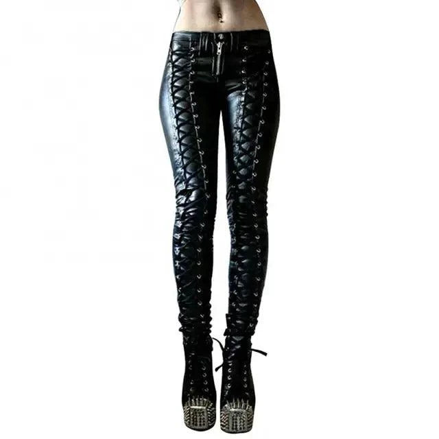 Mandotos steampunk leather skinny pants with detailed stitching and a fitted style, perfect for a edgy, vintage-inspired look.