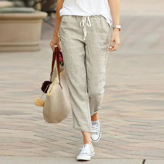 Mandotos Summer Elegance drawstring trousers featuring lightweight fabric, relaxed fit, and stylish design for warm-weather wear.