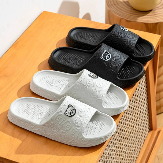 Mandotos men's summer slippers with printed little bear design, non-slip soft indoor sandals for bathroom and casual wear.