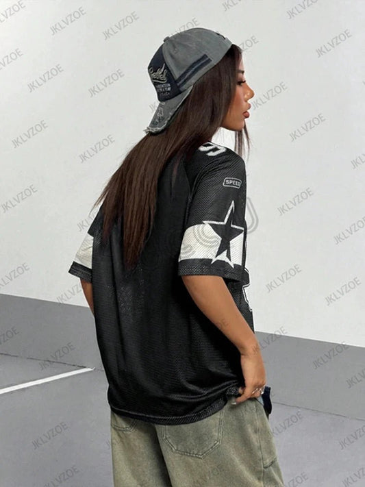 Mandotos black Speed 91 print women's V-neck patchwork T-shirt, short sleeve sports football jersey, oversized Y2K casual top