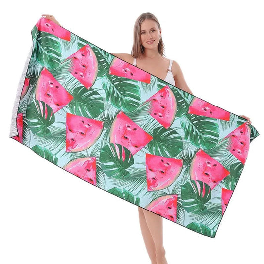 Mandotos SwiftDry patterned beach towel with colorful geometric design, soft and absorbent for beach or pool use.