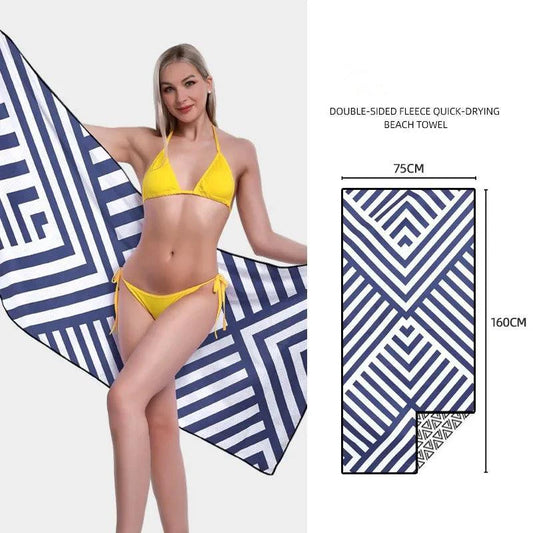 Mandotos SwiftDry patterned beach towel with vibrant geometric design, lightweight and quick-drying for beach and pool use.