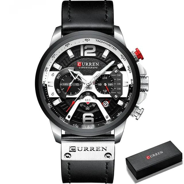 Mandotos Tactical Elegance Leather Watch with black leather strap and round dial, showcasing a sleek, modern design.