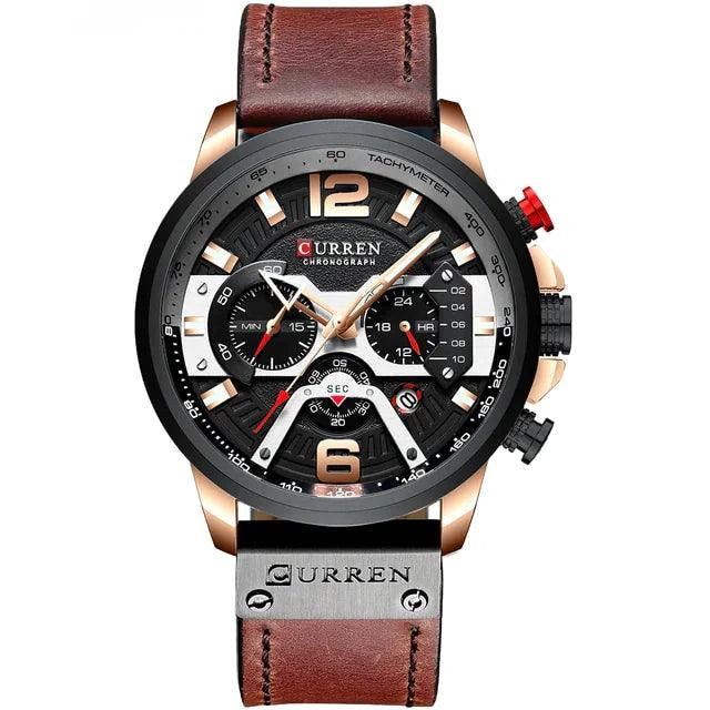 Mandotos Tactical Elegance leather watch with black dial, stainless steel case, and brown leather strap, stylish and durable accessory.