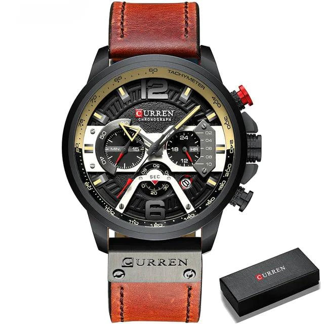 MANDOTOS Tactical Elegance leather watch with black dial, silver case, and brown leather strap, showcasing sophisticated style and craftsmanship.