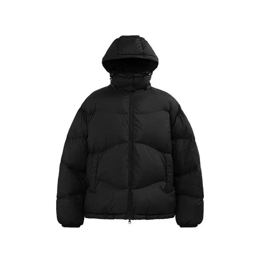 Mandotos thin and portable puff down jacket with solid color hood, lightweight and warm for outdoor wear.